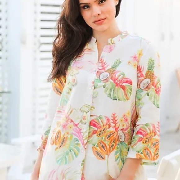 iLinen Tops - iLinen Linen Printed Tropical Tunic Sz Large
